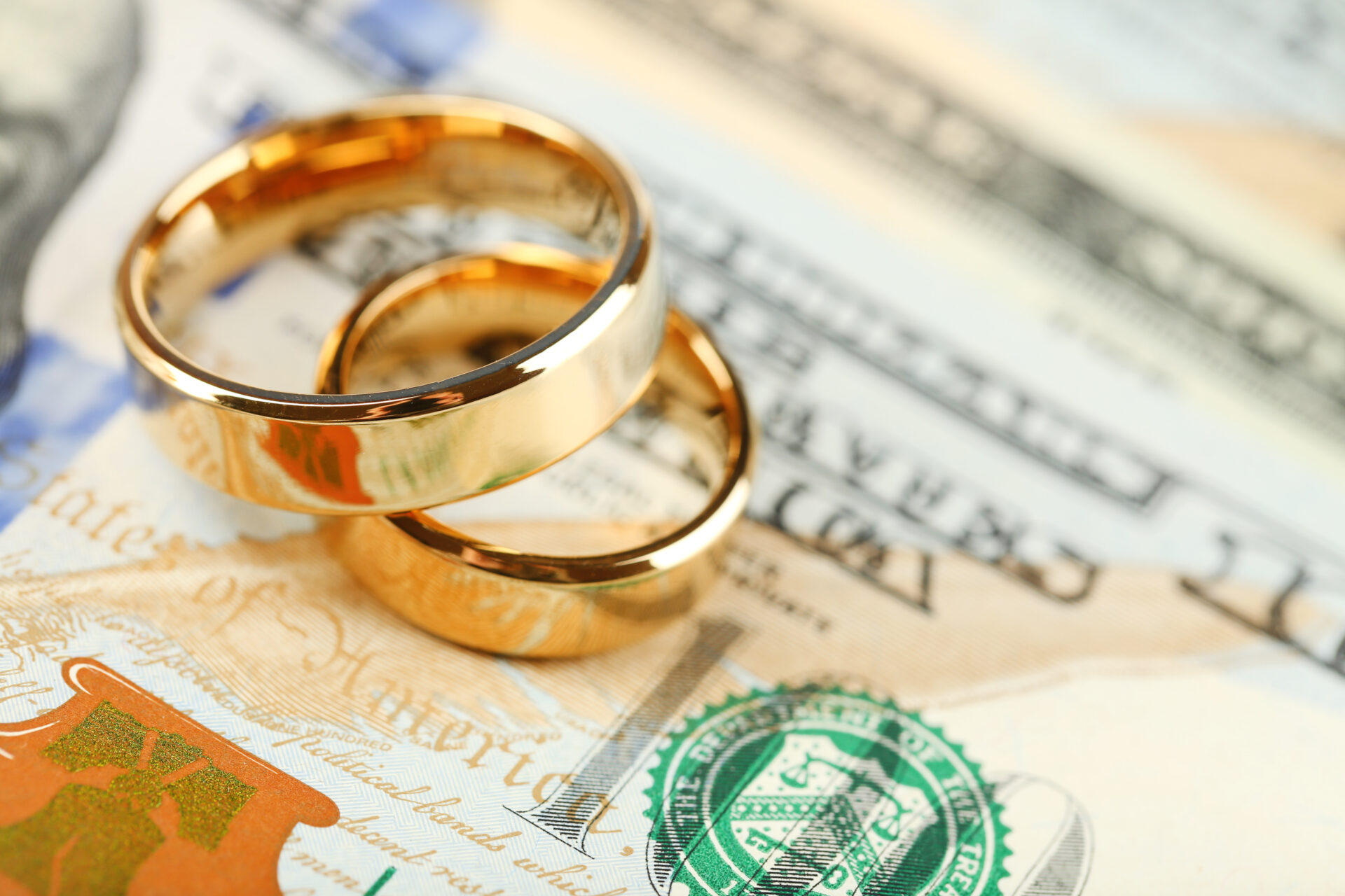 Golden,Wedding,Rings,On,Banknotes,Background.,Marriage,Of,Convenience